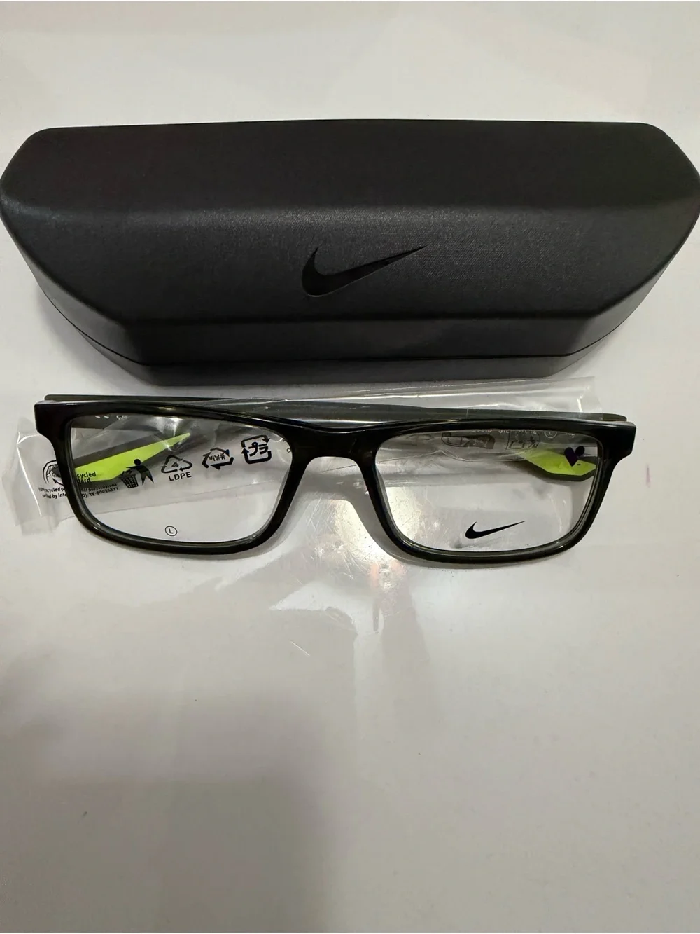 Nike Black Rectangular Eyeglass Frames with Lime Green Temples